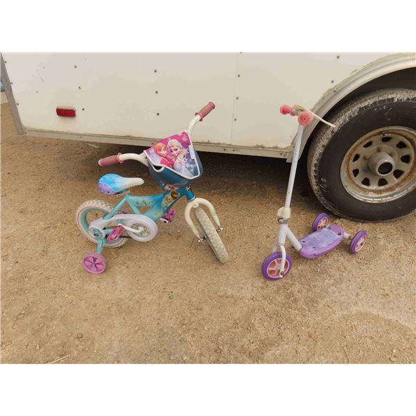 Girls Frozen Bicycle with Training Wheels 12'' , 3 Wheeled Scooter 
