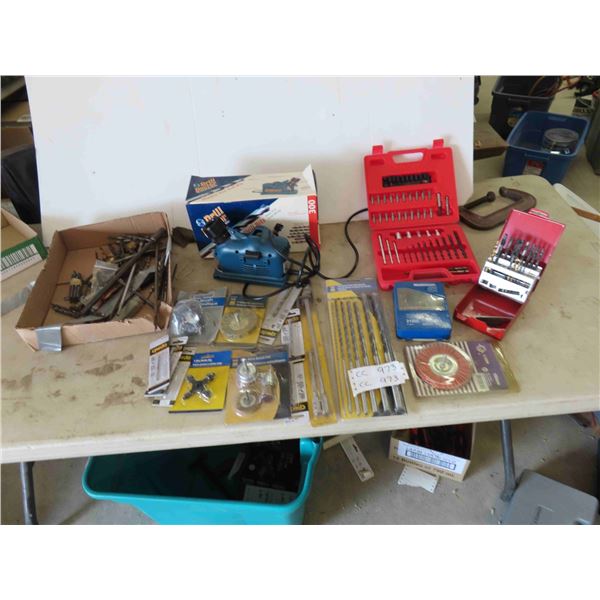 Drill Bit Sharpener, Quantity of Drill Bits (Some New), Wire Wheel, Extensions