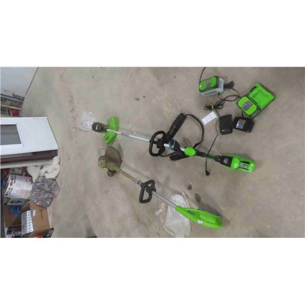 2 Greemworks 24V Grass Trimmers, 5 Batteries & 2 Chargers