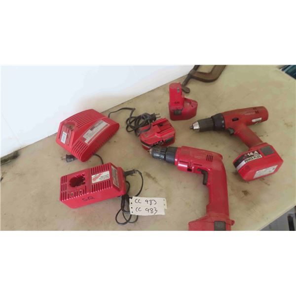 2 Milwaukee 14.4 Cordless Drills , 2 Chargers & 4 Batteries 