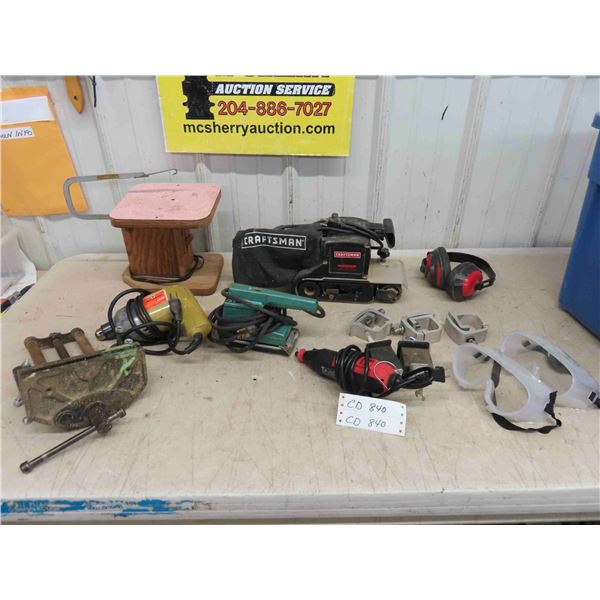 Power Tools: Belt Sander, 3/8'' Drill, Rotary Tool, Goggles, Clamps & More