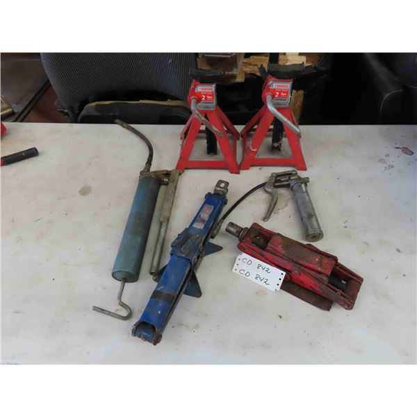 2 Jack Stands, 2 Grease Guns, 2 Jacks
