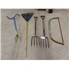 Image 1 : Yard Tools : Rake, Pitch Forks, Bow Saw, Cultivator