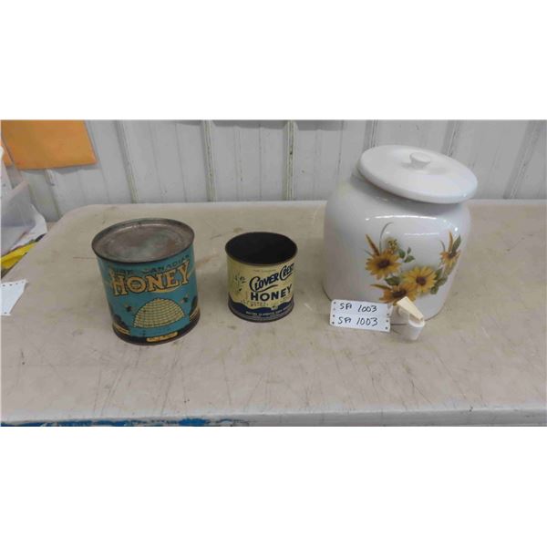 Drink Dispenser (Some Cracks), 2 Vintage Honey Tins