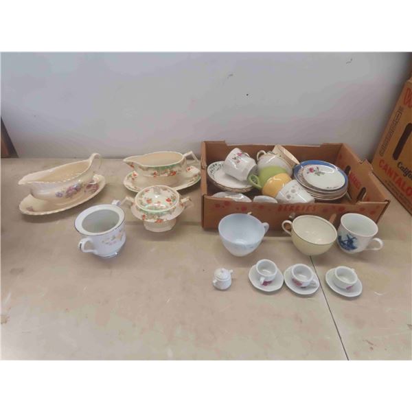 Tea Cups, Saucers, Mostly Mismatched, 2 Gravy Boats, Sugar Bowls