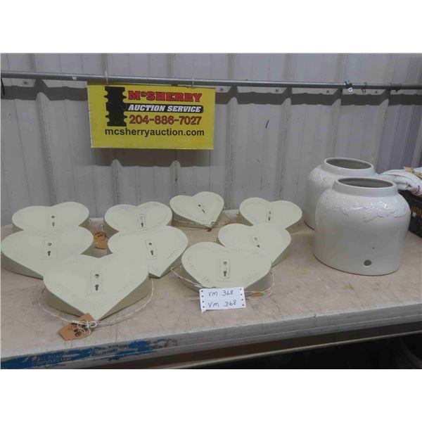 9 Metal Heart Shaped Wall Pockets & Hangers & 2 Pottery Water