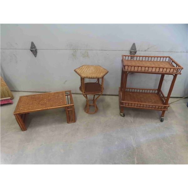 3 Pieces Wicker: Bed Tray, Rolling Tea Table, Plant Stand