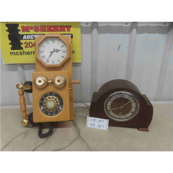 Mantle Clock No Key, Vintage Looking Phone w/Push Buttons & Clock