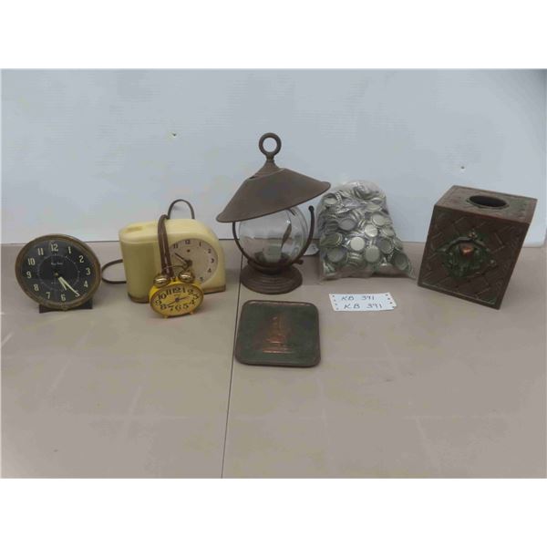 Vintage Alarm Clocks, Tea Light Latern, Brass Tissue Cover, New Bottle