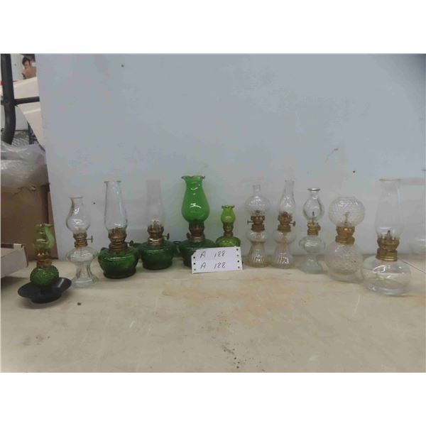 11 Mini Oil Lamps Clear & Green Glass