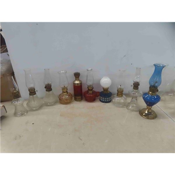10 Mini Style Oil Lamps : Blue, Red, Clear Glass (1 Chimney Missing)