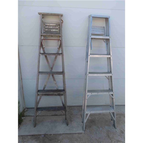 (2) 6' Step Ladders with Paint Trays - 1 Wood , 1 Aluminum 