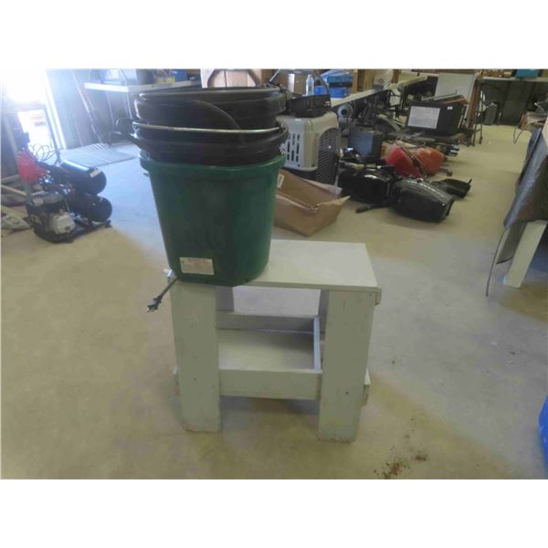 Wood Work Bench/Stool with Storage 3 Heated Rubber Pails 