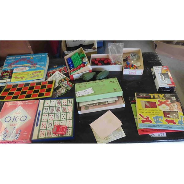 Games and Toys: Tek, OKO, Checkers, Bridge and Turnpike Building Set, Plus