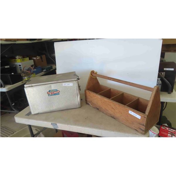 Vintage Cronco Picnic Cooler 12'' x 18 1/2'' x 9'' , Wood Carpenters Tool Box 