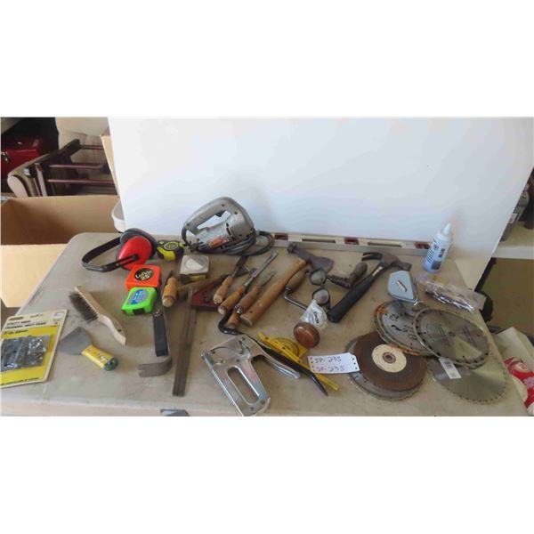 Tape Measure, Hammers, Circular Saw Blades, Wood Chisel, Level, Plus