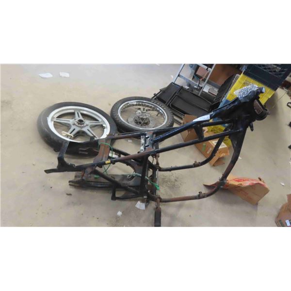 1977 Honda Motorcycle Frame , 2 Motorcycle Tires and Rims : 110/90-19 & 
