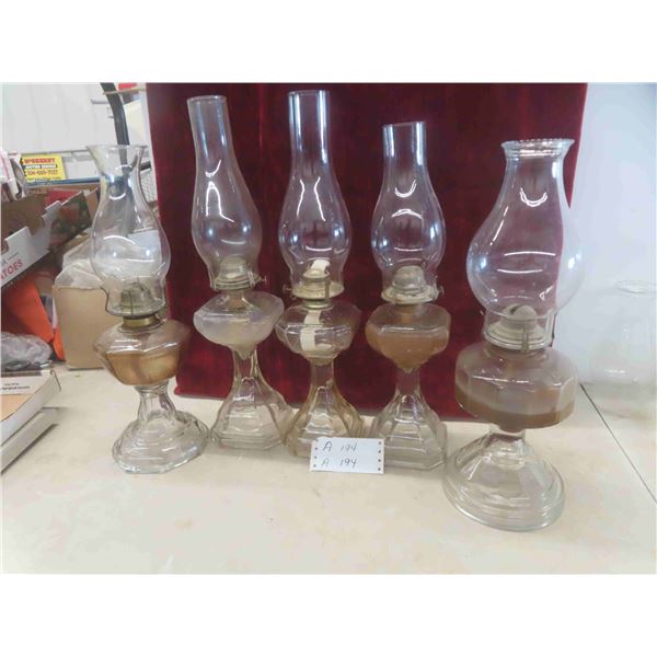 5 Oil Lamps with Chimneys