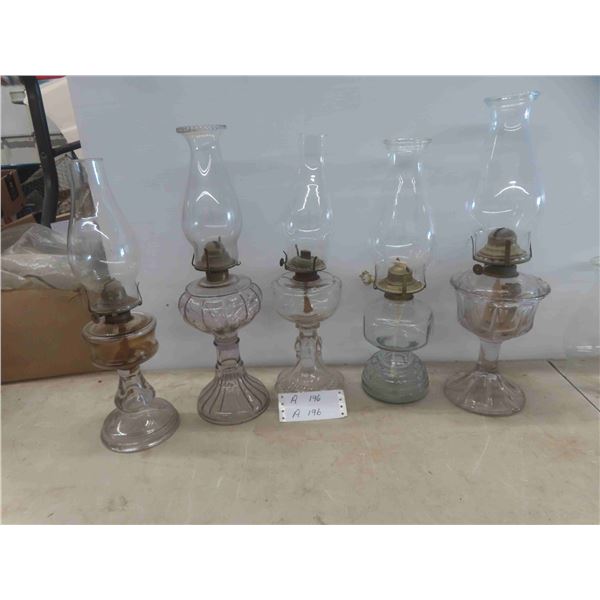 5 Oil Lamps Purple & Blue Tinted Glass