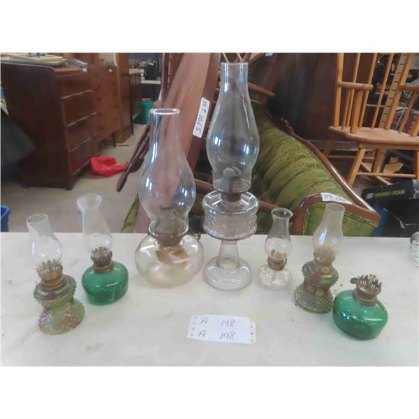 7 Oil Lamps Clear & Green Glass - 1 Without Chimney