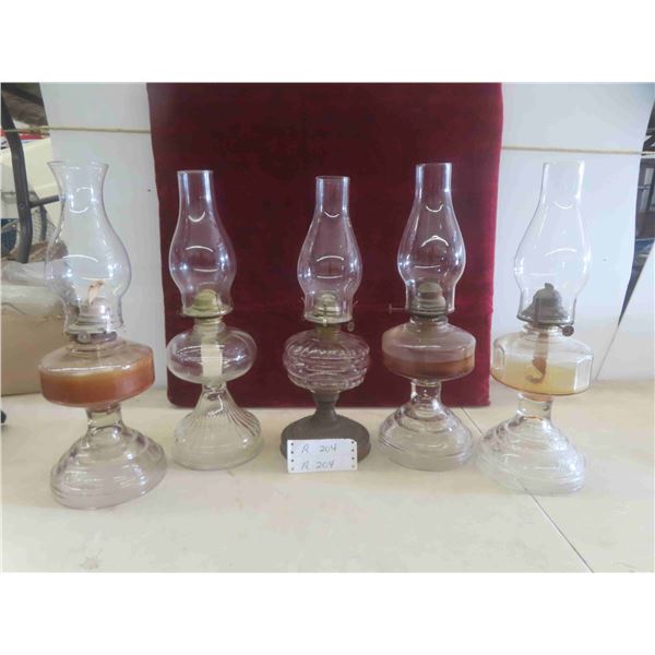 5 Oil Lamps with Chimneys