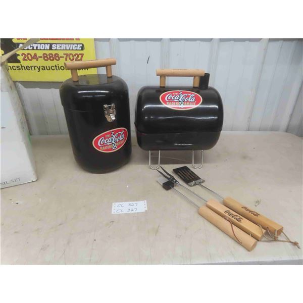 New Old Stock 2 Piece Coca Cola Chill n Grill Charcoal BBQ , 3 Piece Utensil Set