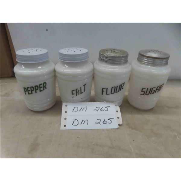 Milk Glass : Salt and Peppers, Flour , Sugar Shakers 