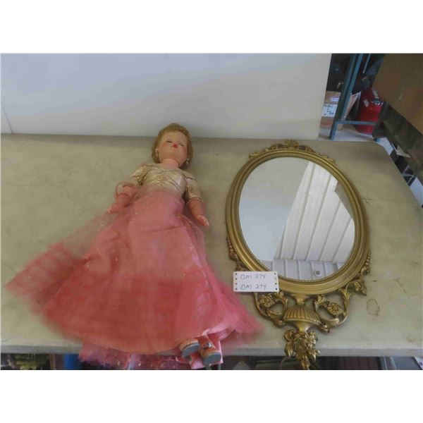 Vintage Doll 28'' Tall , Gold Colored Framed Oval Mirror 16'' x 31''