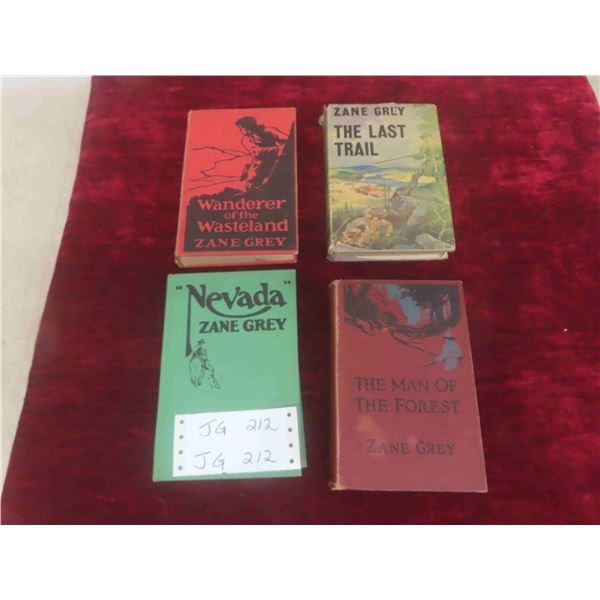 4 Zane Grey Books : 1909 The Last Trail with Dust Jacket , 1923 Wanderer of the Waste Land ,
