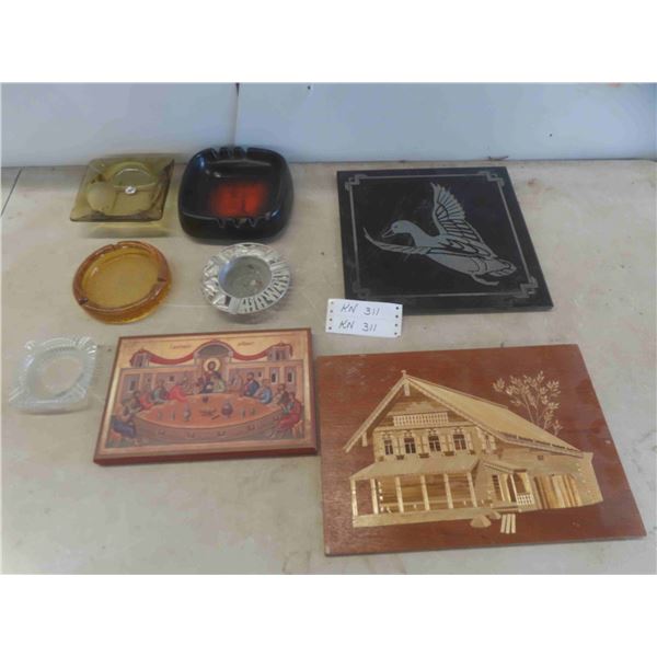 Ashtrays, Wood Inlay Picture 14 1/2'' x 10'' , Flying Duck on Granite 12'' x 12'' 