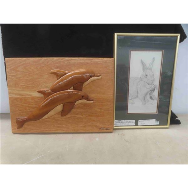 Wood Carving of Dolphin Picture Signed 15 1/2'' x 11'' , Original Pencil Sketch 