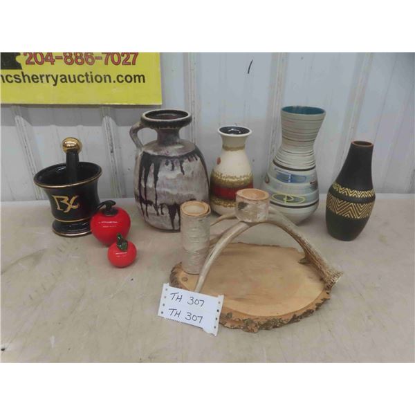 Room Décor: Fancy Colored Vases, Birch/Antler Candle Holder, Glass Apples, 