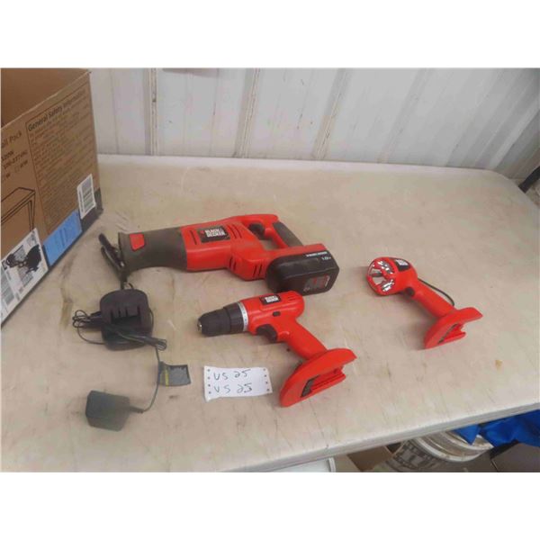 Black and Decker 18V Reciprocating Saw , Drill, Flashlight &