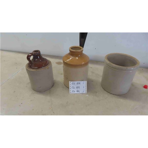 3 Stoneware Items: 1 Gal Crock , Pickle Crock , 1 Gal Jug