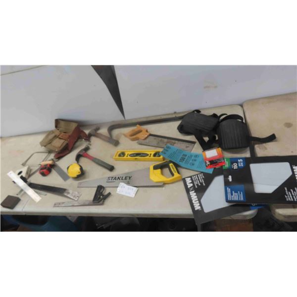 Various Carpentry Tools : Saws, Levels, Tool Belt, Hammer, Nail Puller, Squares & More