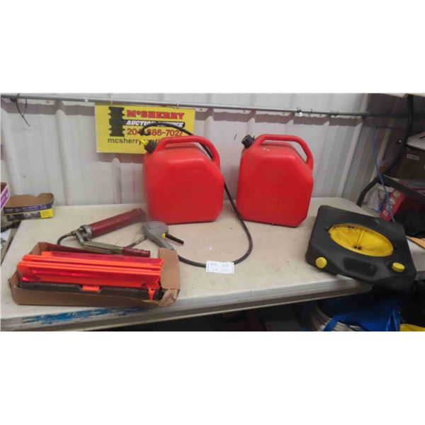 2 Gas Cans , Oil Catcher, Grease Gun , Magnetic Road Flares