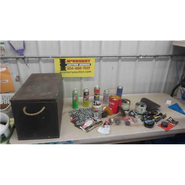 Wood Box with Hinged Lid , Chain , Screwdriver , WD40 , Nails, Plus