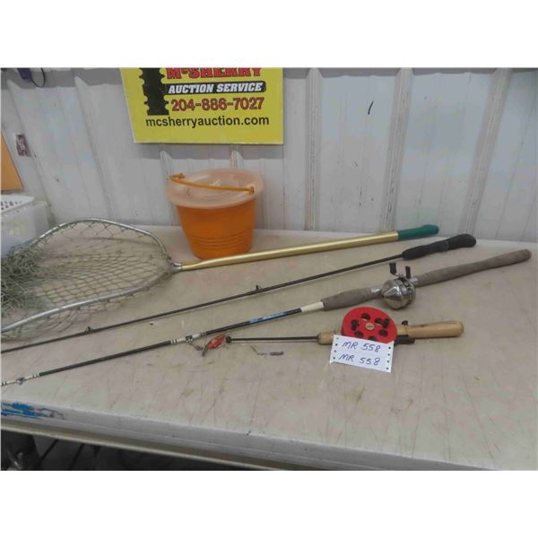3 Fishing Rods , 2 Reels , Net & Minnow Pail 
