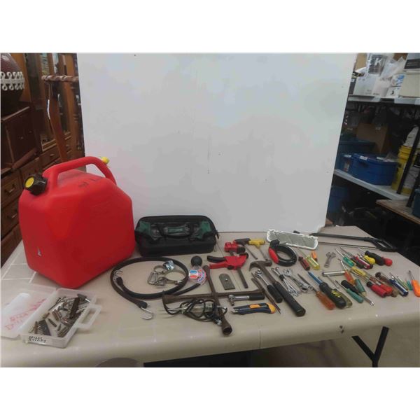 Plastic 5 Gallon Gas Container, Hack Saw, Screwdrivers, Clamp, Hammer &