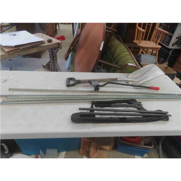 Scoop Shovel, 5 Shelving Braces 60'' Each , Tire Jack & More 