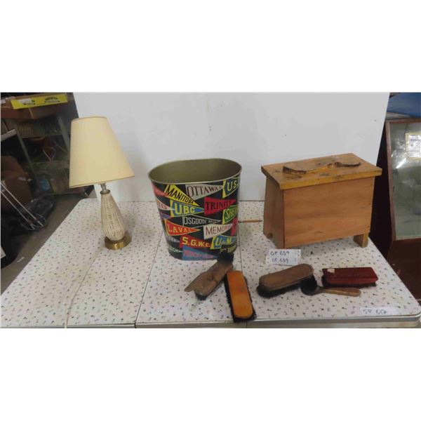 Vintage Shoe Polish Kit , Old Garbage Can with University Logo , Lamp
