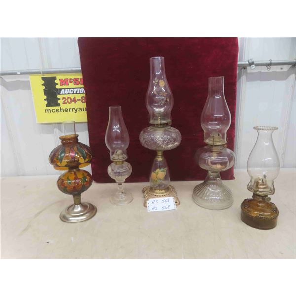 5 Coal Oil Lamps with Chimneys