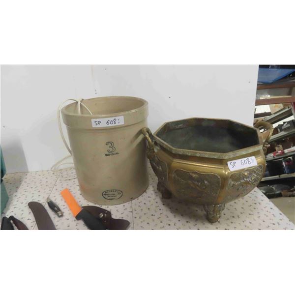 Medalta 3 Gallon Crock , Heavy Brass Planter