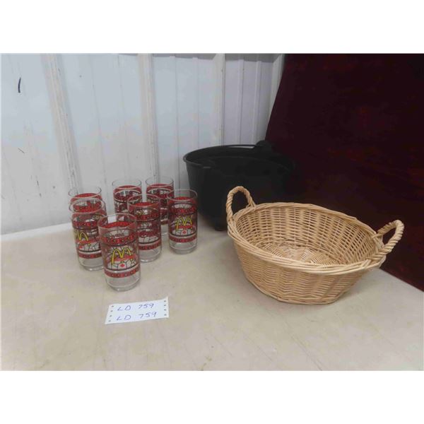 McDonald/Coca Cola Glasses 7, Wicker Basket, Plastic Cauldron