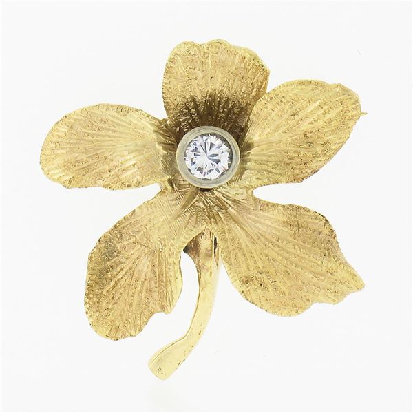 Vintage 14k Gold Bezel Cubic Zirconia Cz Textured Leaf Flower Petite Brooch Pin