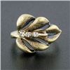 Image 2 : Vintage 14K Yellow Gold Puffed 3D Textured Multi Leaf Ring w/ Single Cut Diamond