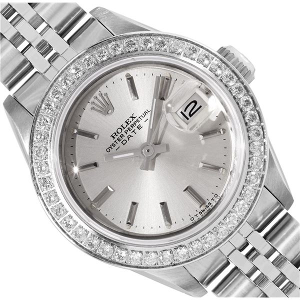 Rolex Ladies Stainless Steel Silver Index 18K White Gold Pave Bezel Date Watch