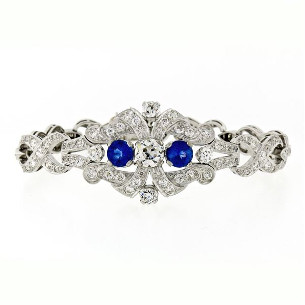 Antique Art Deco Platinum GIA Round Diamond Sapphire Infinity Leaf Link Bracelet