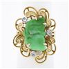 Image 1 : Vintage 14k Gold Carved Leaf Jade & Diamond Dual Finish Open Frame Cocktail Ring