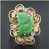 Image 2 : Vintage 14k Gold Carved Leaf Jade & Diamond Dual Finish Open Frame Cocktail Ring